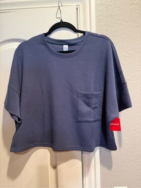 NWT Spanx Navy AirEssentials Waist Length Pocket Tee in Storm Blue